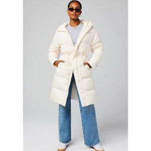 NWT Fabletics Essential Long Puffer Coat Jacket Quilted in Bone